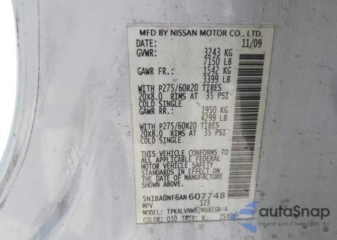 2010 Nissan Armada Platinum z USA, uszkodzony, nr VIN 5N1BA0NF6AN607748